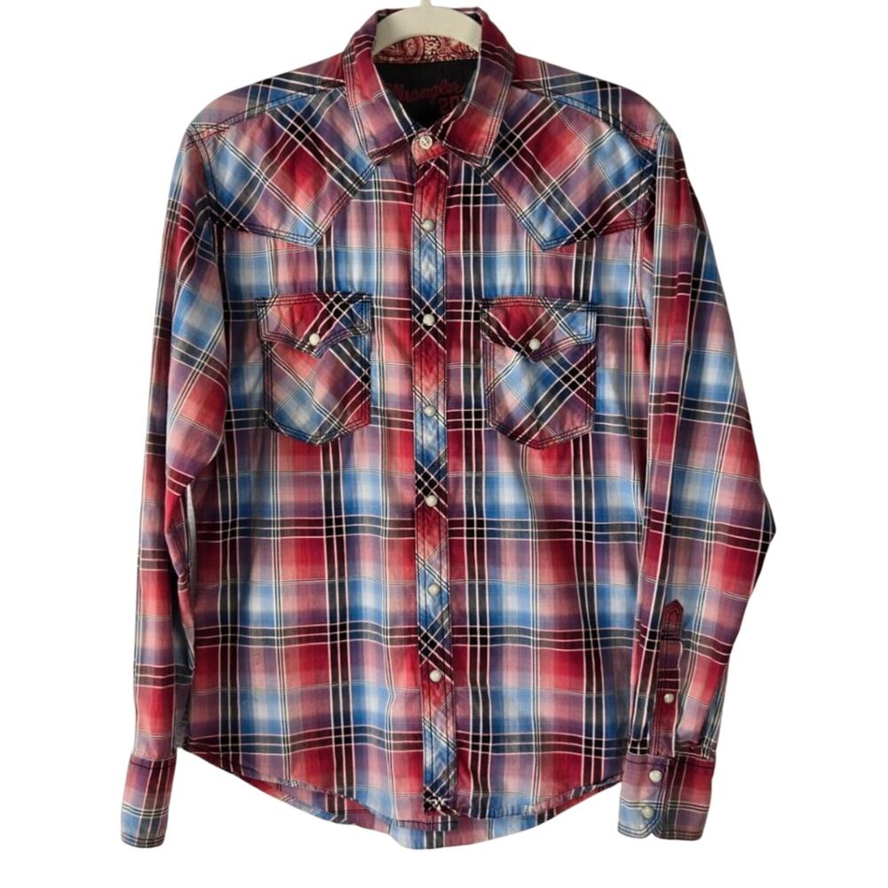 Wrangler Men’s 20X Western Wear Rodeo Plaid Snap Shirt Red/Black/ Blue Size M